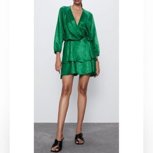 Zara satin tiered green mini dress M